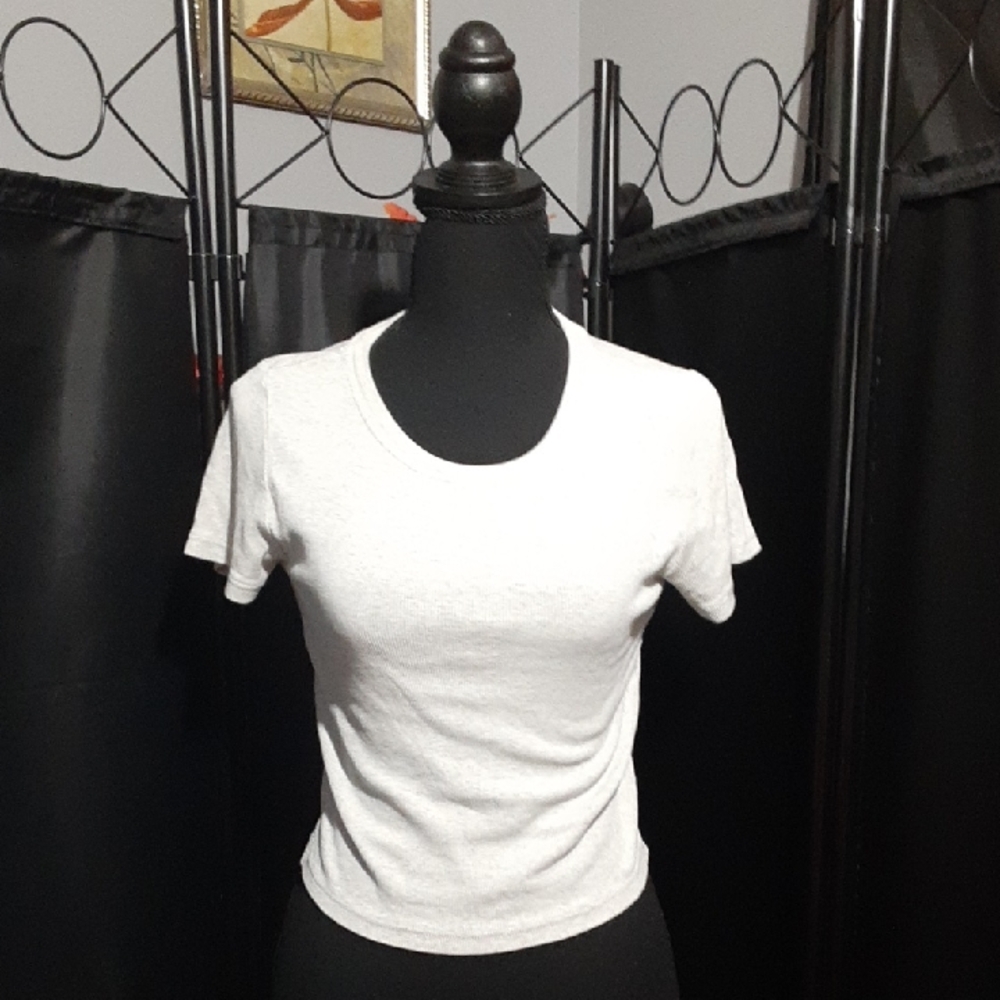 The Group Babotan Cropped Top White Abstract Ladies M  Short Sleeve Ribbed Summe